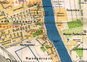 Часть плана Петрограда 1916 года с показанием Фарфоровского кладбища.