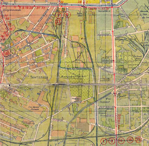 Фрагмент карты Ленинграда 1933 года, на котором обозначено Тентелевское кладбище
