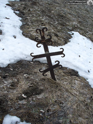 Ингерманландский намогильный крест, пригнутый к земле. Фото Н.В. Лаврентьев, 16.IV.2011 года.